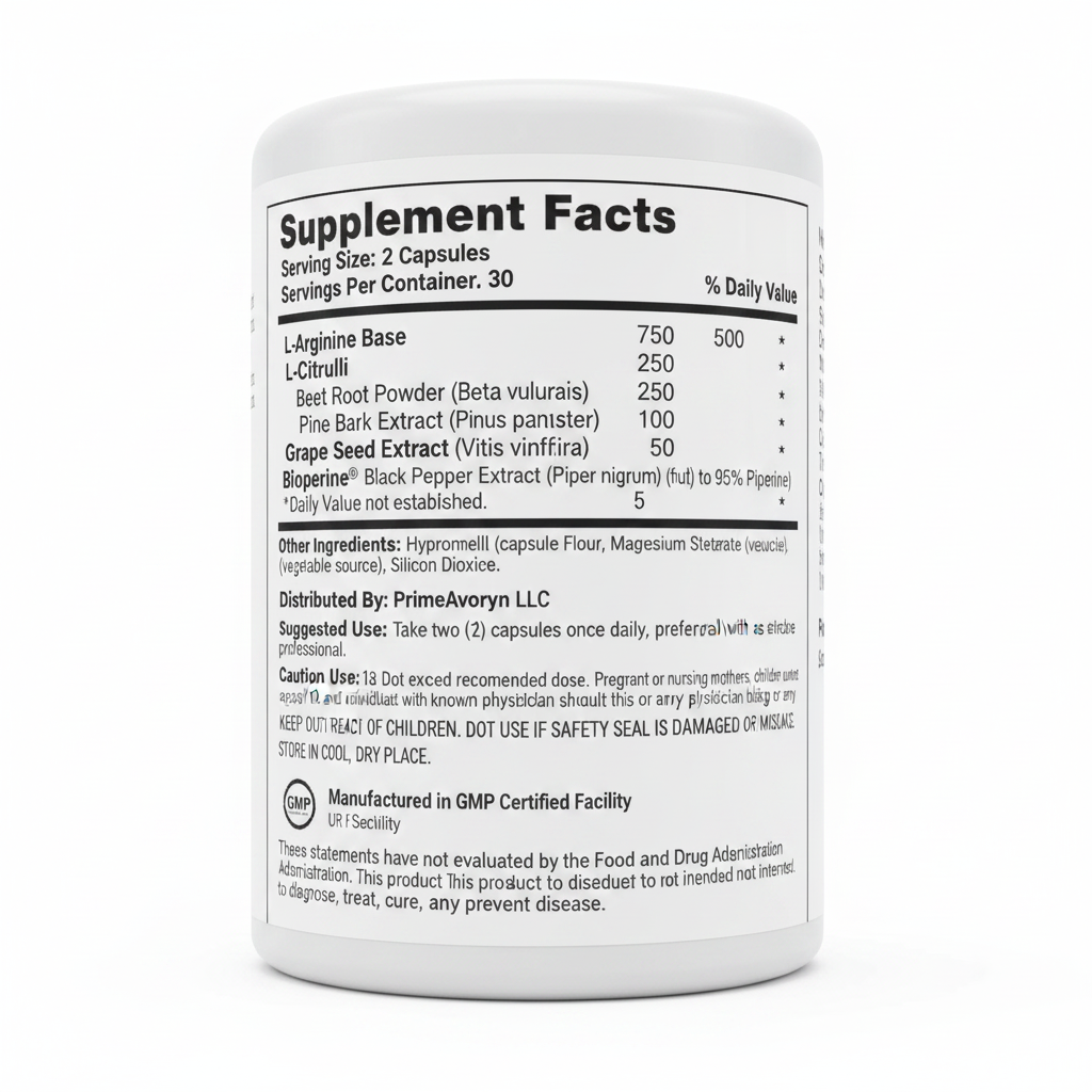 PrimeAvoryn Supplement Facts panel