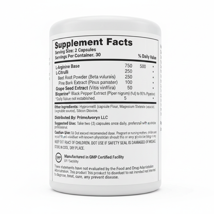 PrimeAvoryn Supplement Facts panel